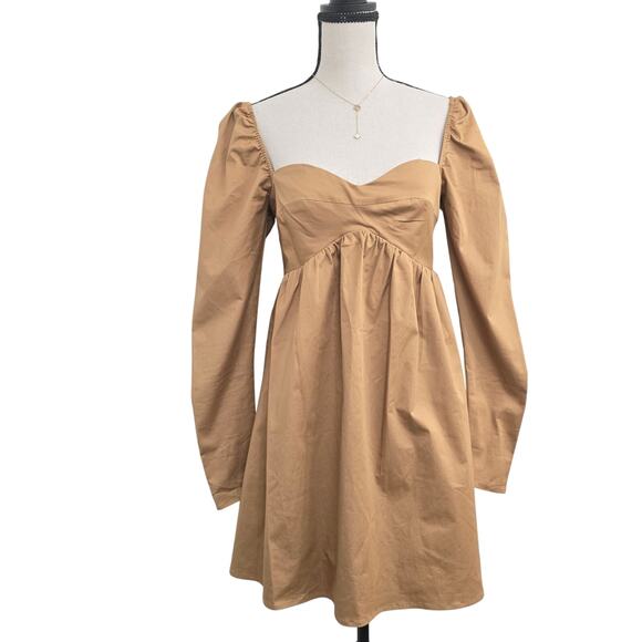 Women’s Babydoll Mini Dress Cottagecore Tan Cotton S Sweetheart Neck Puff Sleeve - Picture 1 of 10